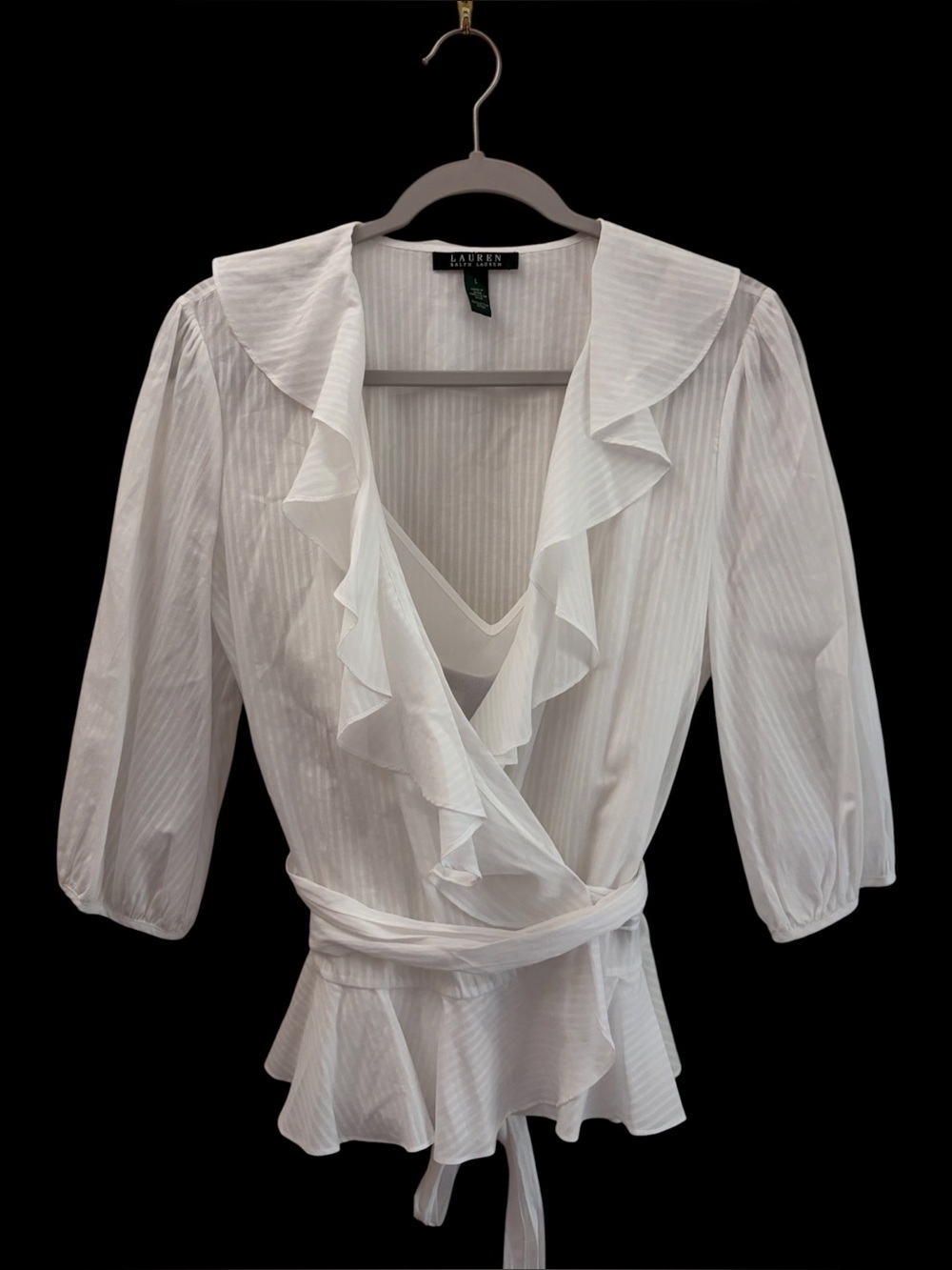 Lauren Ralph Lauren Pinstripe Sheer White Ruffle Tie Waist Wrap Peplum Top LG